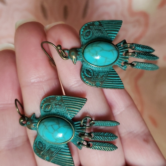 (B) Southwestern Earrings Tribal Bird Turquoise Native American Bird Feathers - Picture 8 of 8